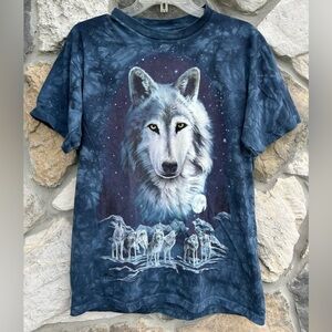 Vintage The Mountain Tshirt 1997 Sz M Wolf Nature Moon Stars Wolf Pack Snow Blue